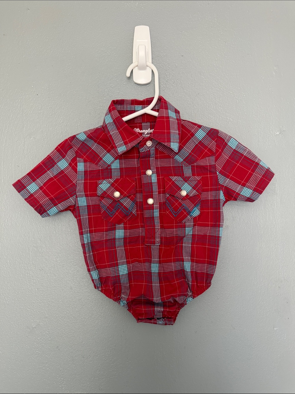 Wrangler Baby Boy Plaid Western Pearl Snap Bodysuit Onesie Short Sleeve3-6 month